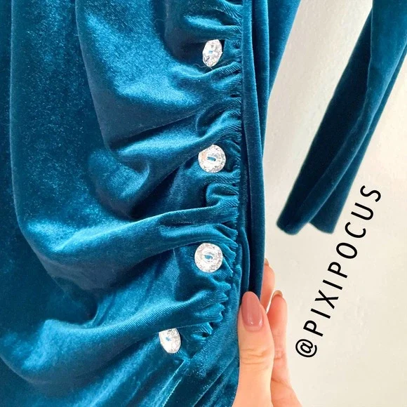 ZARA VELVET JEWEL BUTTON RUCHED MIDI DRESS BLUE - Picture 9 of 12